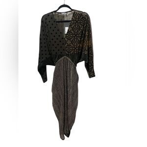 Alembika Mixed Print Fabric Bubble Green Black Gold Cocoon Dress Size S NWT $439